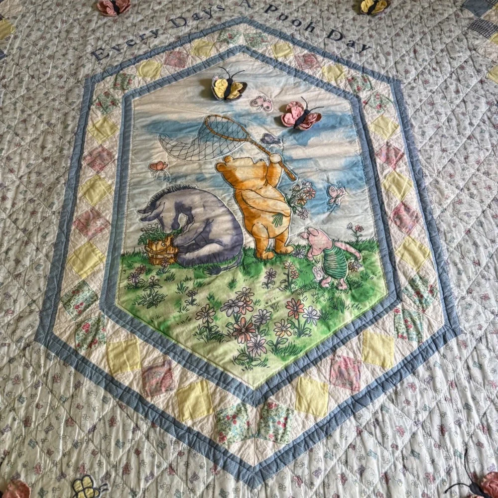 Vintage Classic Winnie the Pooh Twin Quilt Blanket Embroidered Butterfly